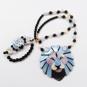 Vintage Lee Sands Lion Gemstone Necklace Bracelet MOP Pearl Abalone Rose Quartz